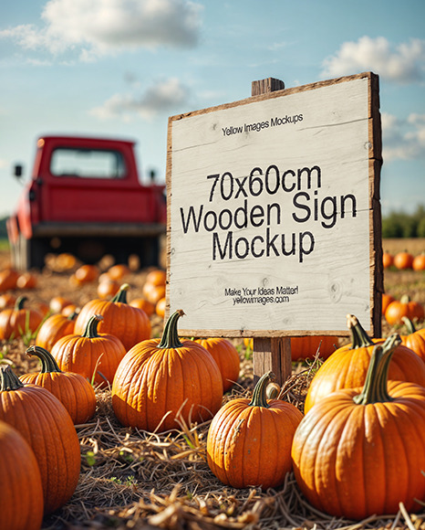 Wooden Sign at Pumpkin Patch Mockup - Autumn+Colors.+Red+Apples+With+Some+Cinnamon+Sticks+On+A+Steel+Tray+On+Black+Backgraund+...