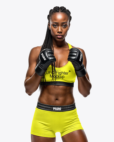 Black Female UFC Fighter Wearing Sports Bra and Short Mockup - Sports bra mockup