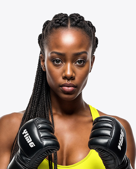 Black Female UFC Fighter Wearing Sports Bra and Short Mockup