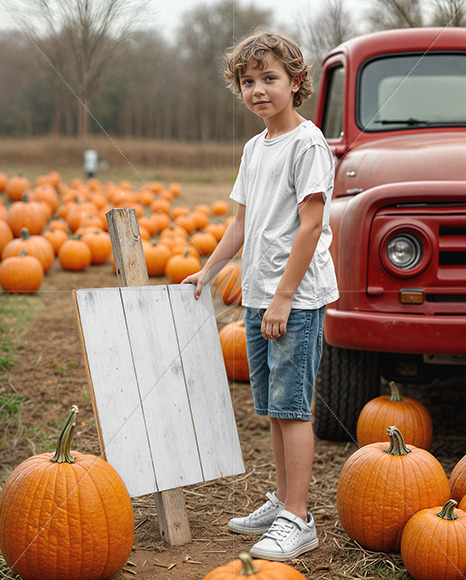 Boy Standing Next to Sign at Pumpkin Patch Mockup