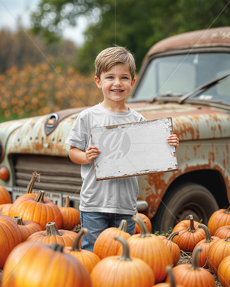 Boy Holding Wooden Sign Next to Truck at Pumpkin Patch Mockup