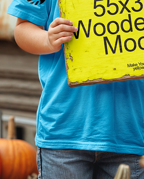 Boy Holding Wooden Sign Next to Truck at Pumpkin Patch Mockup