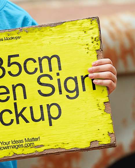 Boy Holding Wooden Sign Next to Truck at Pumpkin Patch Mockup