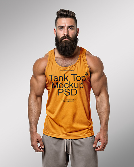 A Bearded Muscular Man Wearing a Tank Top and Sweatpants Mockup