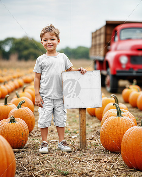 Kid Leaned Hand on Sign at Pumpkin Patch Mockup