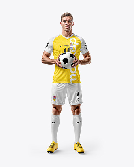 Soccer Player with Ball Wearing a Full Kit Mockup - Sport t shirt mockup