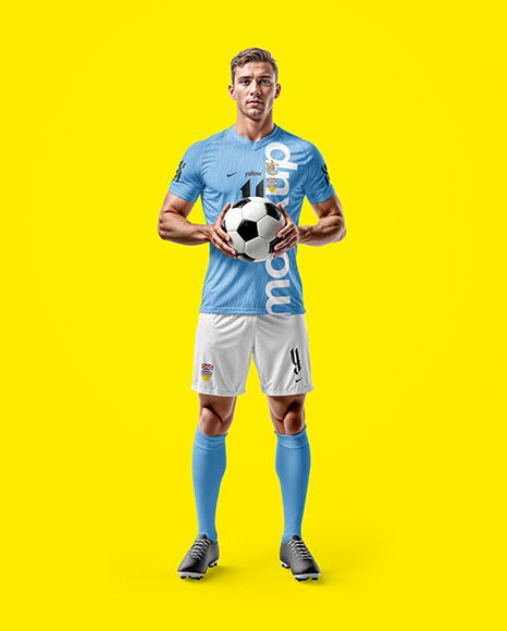 Soccer Player with Ball Wearing a Full Kit Mockup