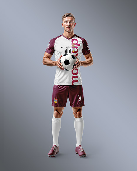 Soccer Player with Ball Wearing a Full Kit Mockup