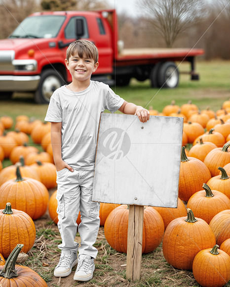 A Boy Leaned Hand on a Sign at a Pumpkin Patch Mockup