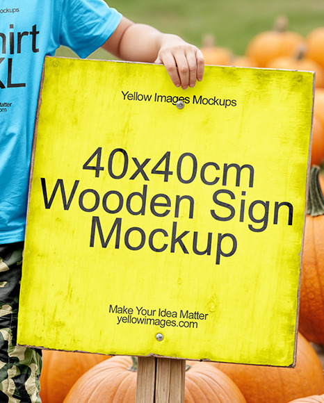 A Boy Leaned Hand on a Sign at a Pumpkin Patch Mockup