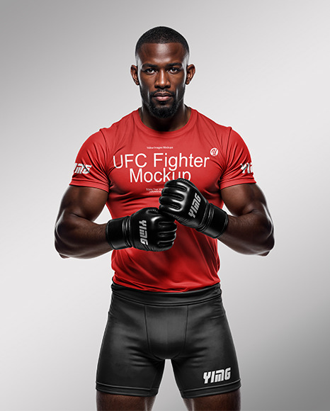 Black Male UFC Fighter Wearing Tight-Fit Jersey and Shorts Mockup