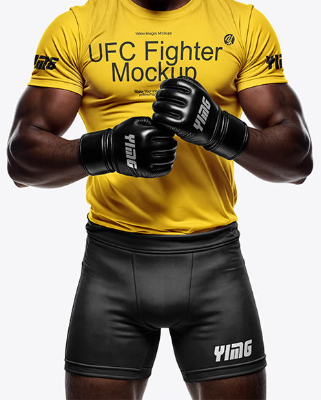 Black Male UFC Fighter Wearing Tight-Fit Jersey and Shorts Mockup
