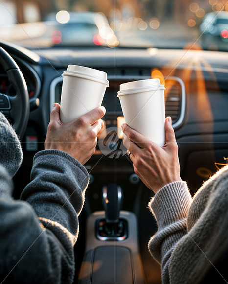 Two People in a Сar Holding Coffee Cups in Their Hands Mockup