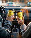 Two People in a Сar Holding Coffee Cups in Their Hands Mockup