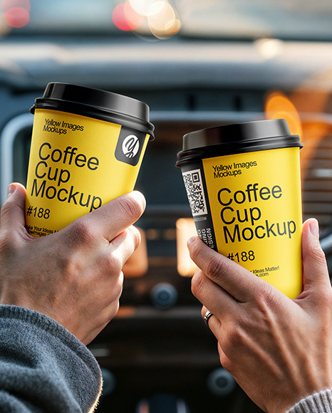 Two People in a Сar Holding Coffee Cups in Their Hands Mockup