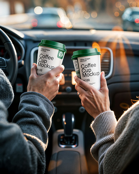 Two People in a Сar Holding Coffee Cups in Their Hands Mockup