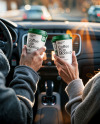 Two People in a Сar Holding Coffee Cups in Their Hands Mockup