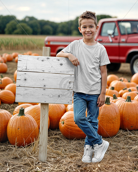 Kid Standing Next to Sign at Pumpkin Patch Mockup