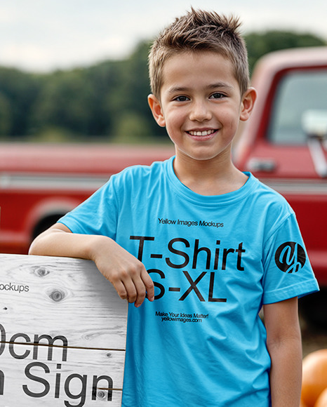 Kid Standing Next to Sign at Pumpkin Patch Mockup