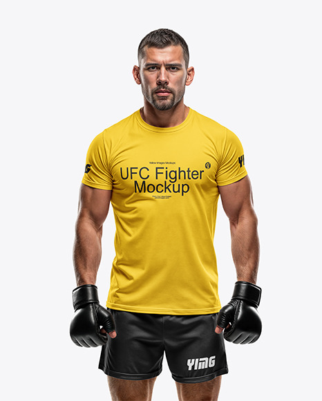 Male UFC Fighter Wearing Tight-Fit T-Shirt and Shorts Mockup - Kit mockup psd