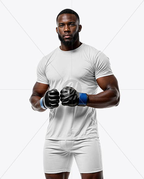Black Male UFC Fighter Wearing Jersey and Shorts Mockup