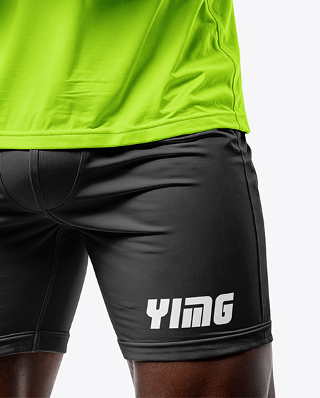 Black Male UFC Fighter Wearing Jersey and Shorts Mockup