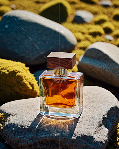 Glass Perfume Bottle on Rock Mockup