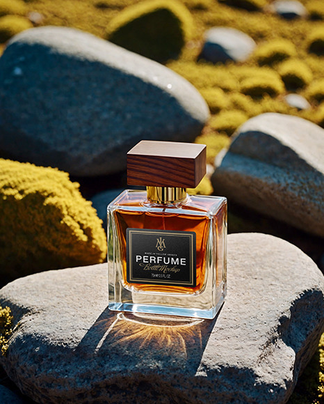 Glass Perfume Bottle on Rock Mockup - Can bottle mockup