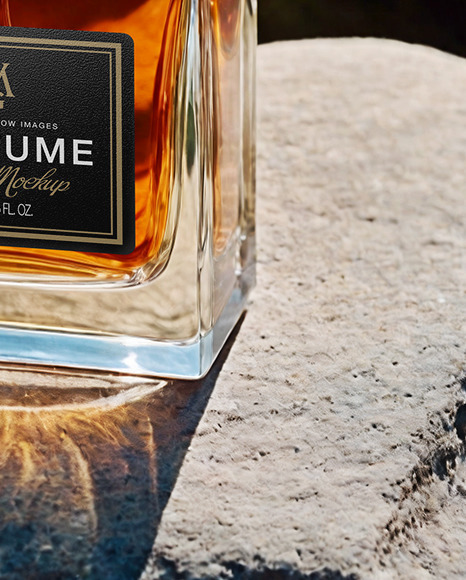 Glass Perfume Bottle on Rock Mockup