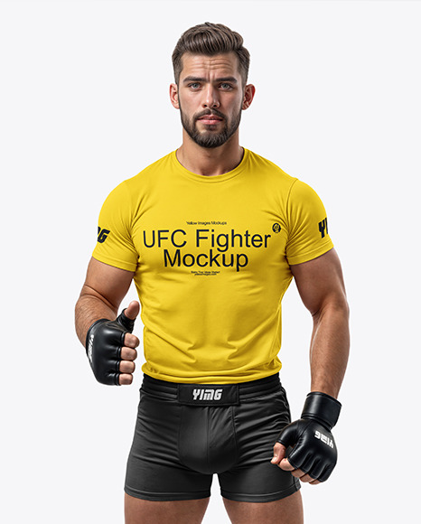 Male UFC Fighter Wearing T-Shirt and Shorts Mockup - Brazil Mockups