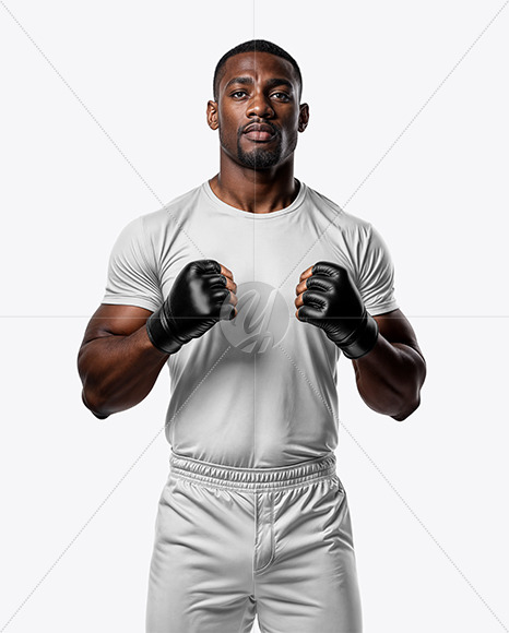 Black Male UFC Fighter Wearing Crew Neck Jersey and Shorts Mockup