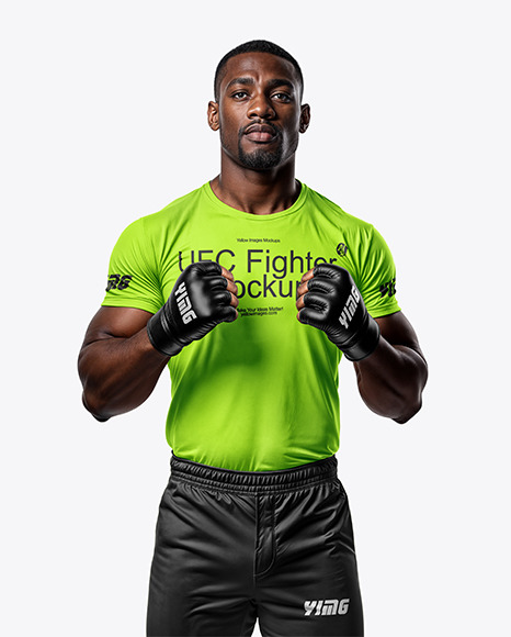 Black Male UFC Fighter Wearing Crew Neck Jersey and Shorts Mockup