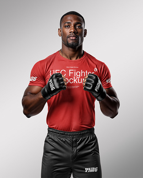 Black Male UFC Fighter Wearing Crew Neck Jersey and Shorts Mockup