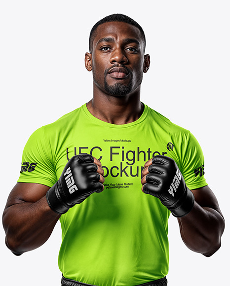 Black Male UFC Fighter Wearing Crew Neck Jersey and Shorts Mockup