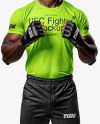 Black Male UFC Fighter Wearing Crew Neck Jersey and Shorts Mockup