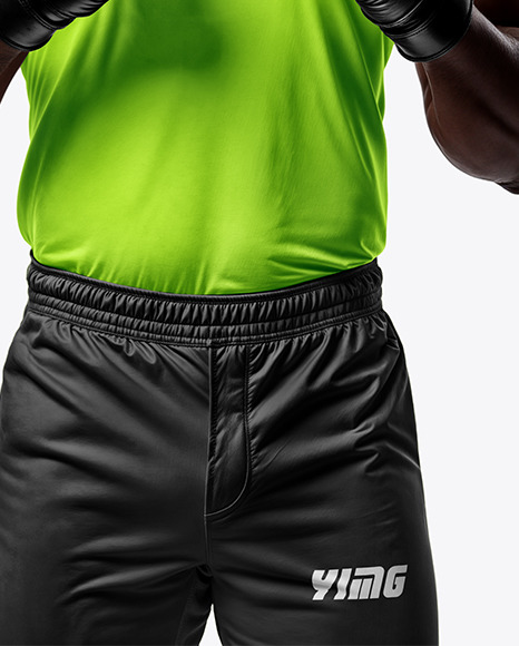 Black Male UFC Fighter Wearing Crew Neck Jersey and Shorts Mockup