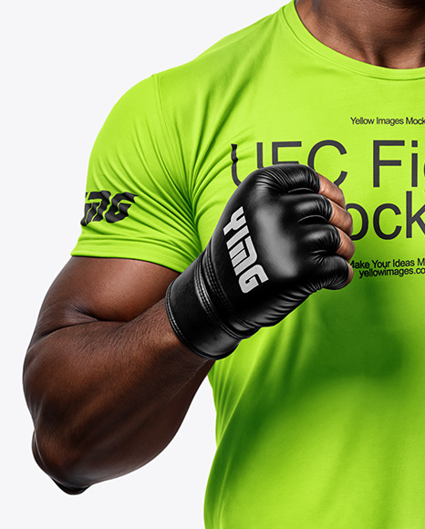 Black Male UFC Fighter Wearing Crew Neck Jersey and Shorts Mockup