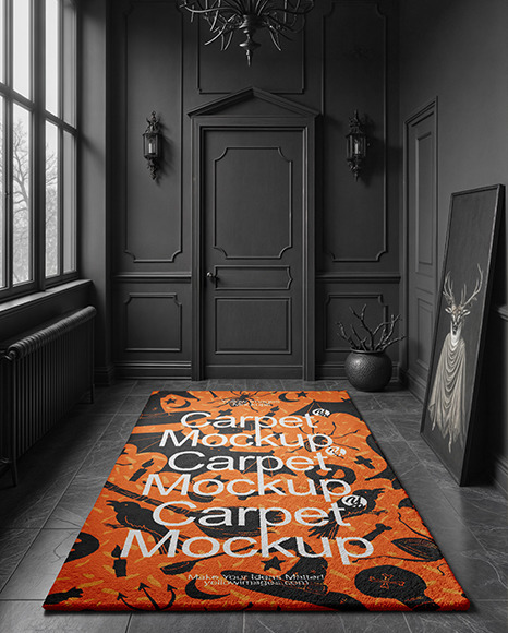 Black Room with Rectangular Carpet Mockup - Halloween+Tote+Bag+Mockup,+Fall+Black+Canvas+By+...