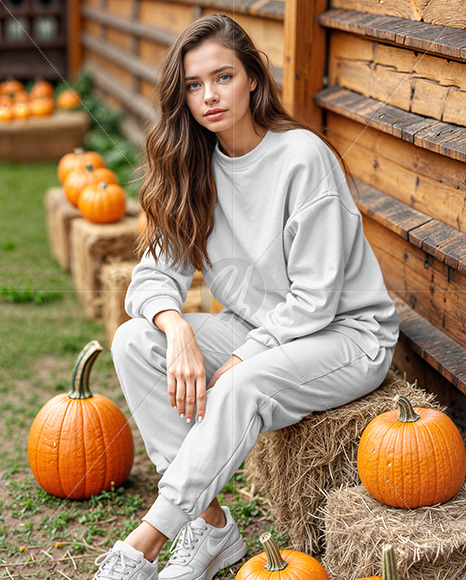 Young Woman in Sweatshirt Sitting on Hay Block Next to Wooden Wall Mockup