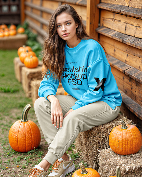 Young Woman in Sweatshirt Sitting on Hay Block Next to Wooden Wall Mockup - Sweatshirt mockup