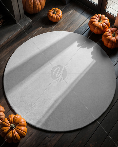 Round Rug on Wooden Floor with Pumpkins Around It Mockup