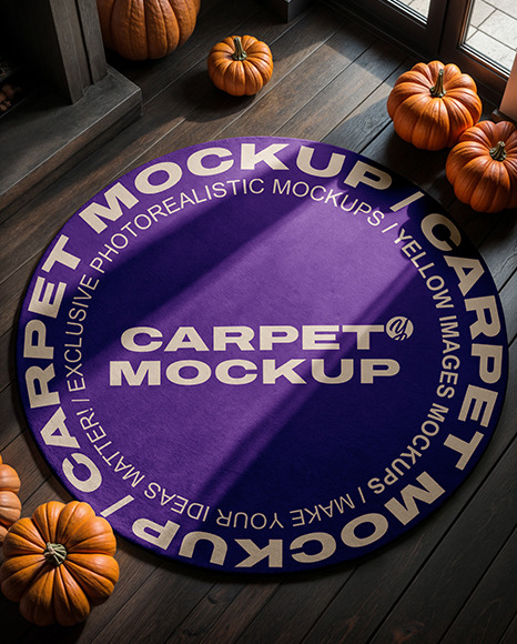 Round Rug on Wooden Floor with Pumpkins Around It Mockup
