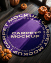 Round Rug on Wooden Floor with Pumpkins Around It Mockup