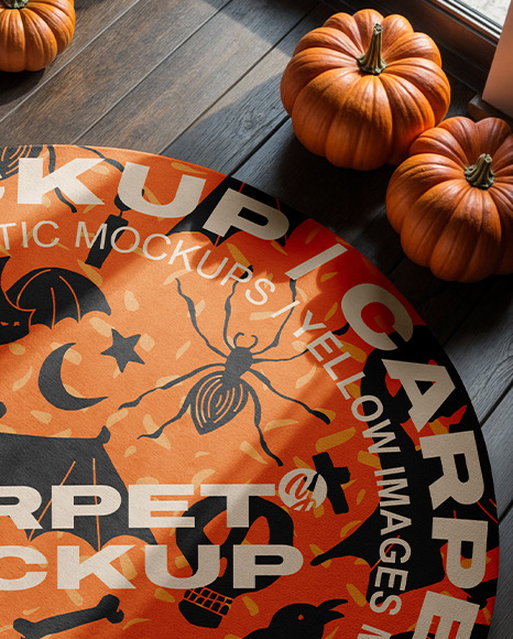 Round Rug on Wooden Floor with Pumpkins Around It Mockup