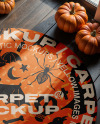 Round Rug on Wooden Floor with Pumpkins Around It Mockup
