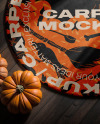 Round Rug on Wooden Floor with Pumpkins Around It Mockup