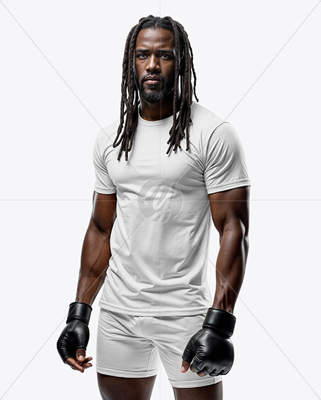 Black Male UFC Fighter with Dreadlocks Wearing T-Shirt and Shorts Mockup
