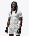 Black Male UFC Fighter with Dreadlocks Wearing T-Shirt and Shorts Mockup