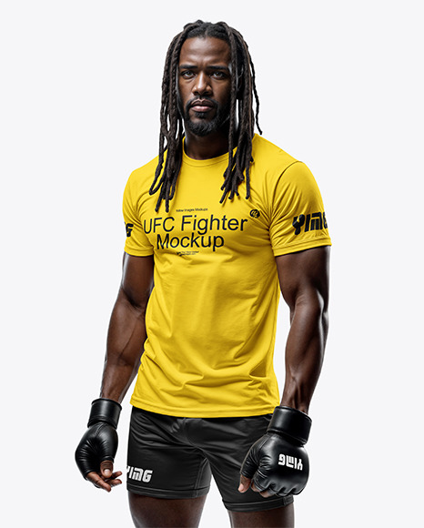 Black Male UFC Fighter with Dreadlocks Wearing T-Shirt and Shorts Mockup - Realistic jersey mockup