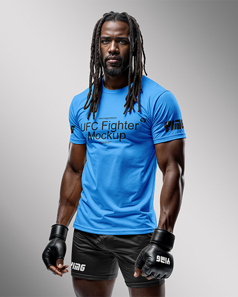 Black Male UFC Fighter with Dreadlocks Wearing T-Shirt and Shorts Mockup